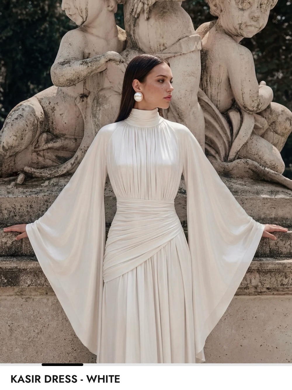 Kasir White High-Neck Draped Maxi Dress